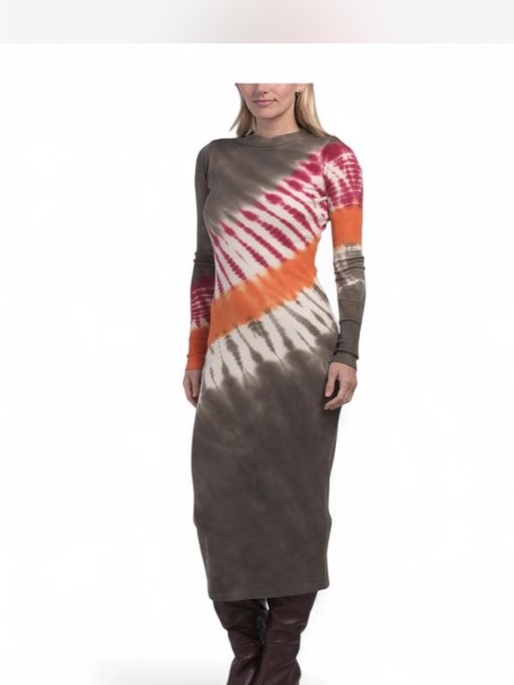 NWT, YFB, S, Dax Tie-Dye Long Sleeve Midi Dress in Brown, Orange & Pink